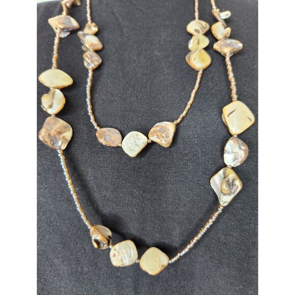 Long Natural Shell Beaded Necklace 56" Iridescent Brown Tones Layered Boho - Picture 2 of 6